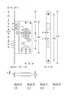 Einsteckschloß für Zimmertüren DIN 72 BB 55/18mm Stulp R/L