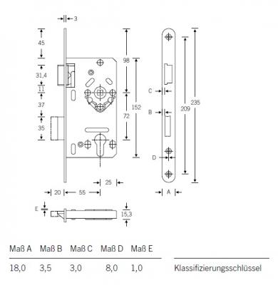 Einsteckschloß für Wohnungsabschlußtüren DIN 72 PZ  20x235mm Stulp  R/L