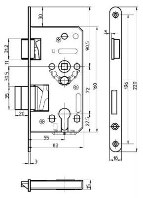 Einsteckschloß für Zimmertüren BB 72 TGL (DDR) R/L