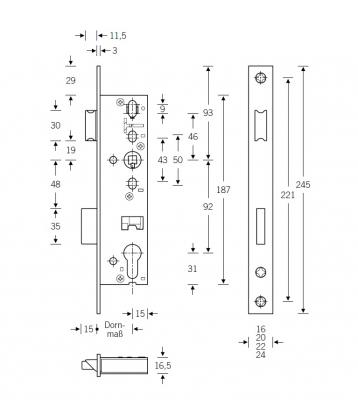 Rohrrahmenschloß für Profilrahmentüren Serie RR01 PZ92 Dorn 25-45mm_8mm_Stulp_16mm_skizze