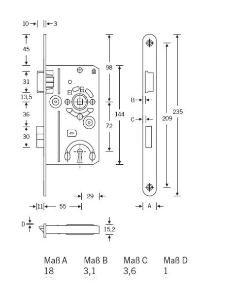 Einsteckschloß für Zimmertüren DIN 72 BB 55/18mm Stulp R/L