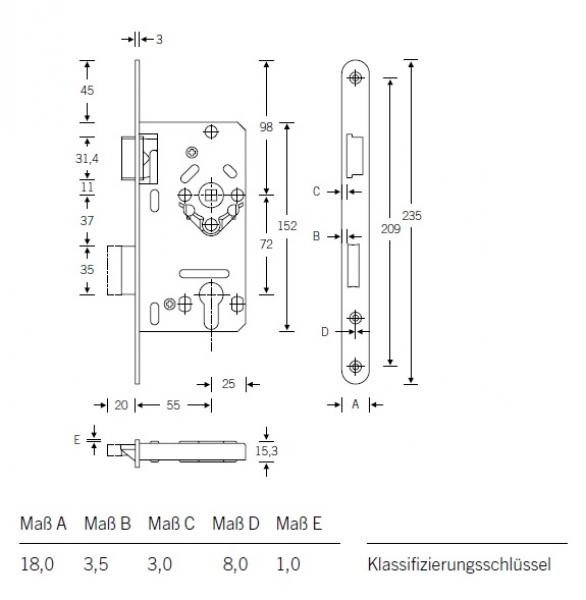 Einsteckschloß für Wohnungsabschlußtüren DIN 72 PZ  20x235mm Stulp  R/L