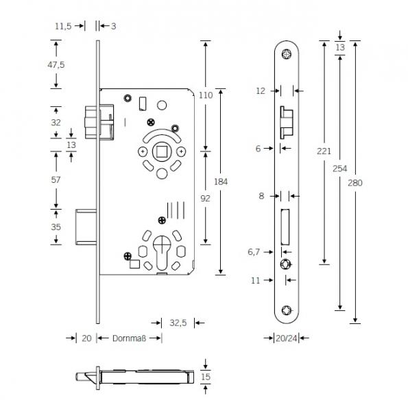 Einsteckschloss Haustürschloss Serie 28 für Profilzylinder DIN (65mm x 92m ) R/L