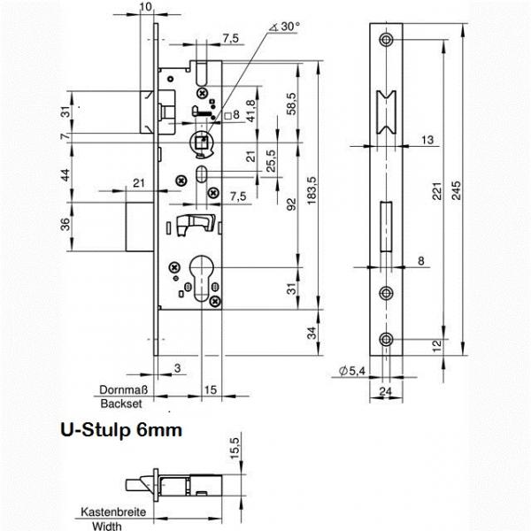 Rohrrahmenschloß WILKA 1438 PZ92/30,35,40,45 / 24mm U-Stulp